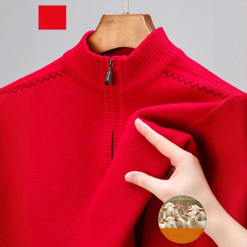 Szabadon szabott gyapjú pulóver féloldalas cipzárral, vastag jacquard kötés, középkorú férfiak számára