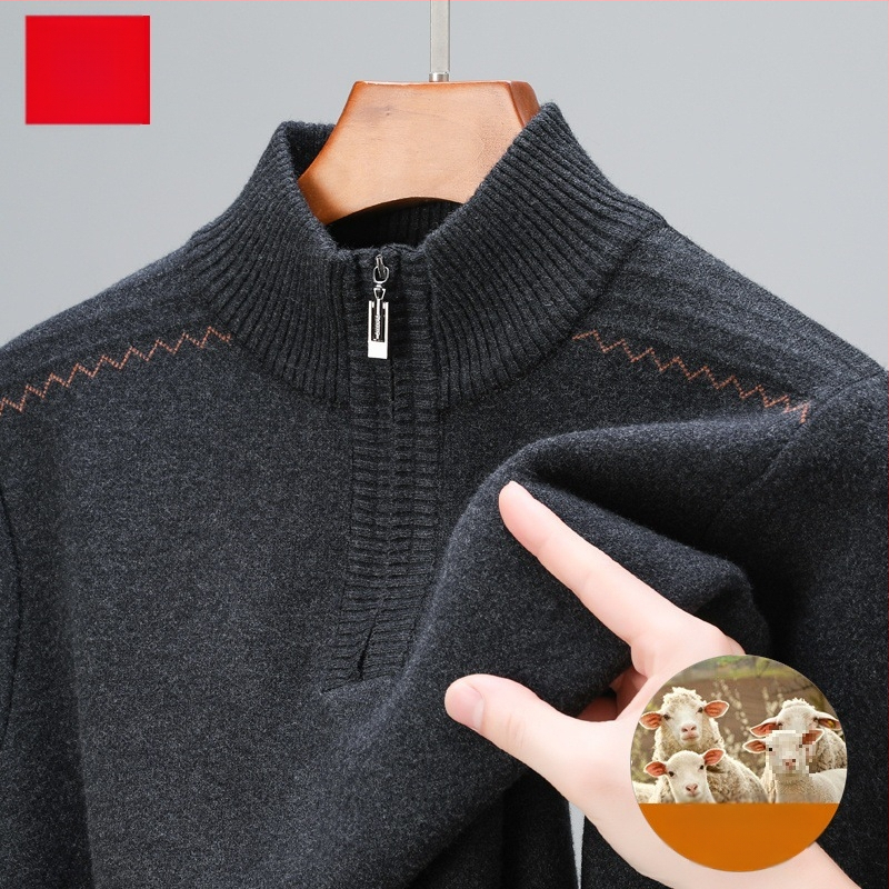 Szabadon szabott gyapjú pulóver féloldalas cipzárral, vastag jacquard kötés, középkorú férfiak számára