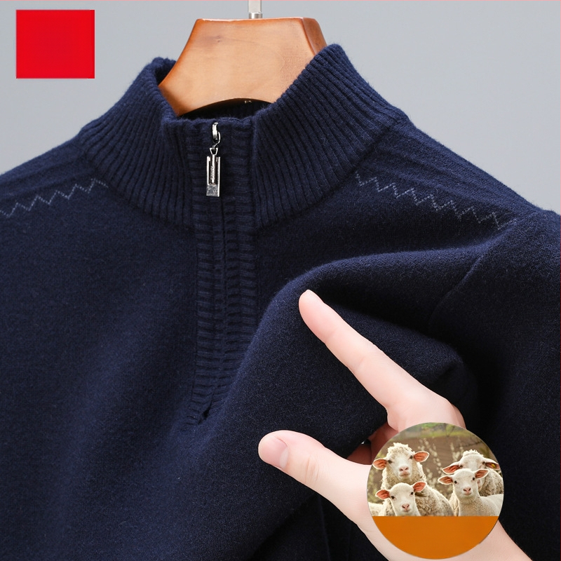 Szabadon szabott gyapjú pulóver féloldalas cipzárral, vastag jacquard kötés, középkorú férfiak számára