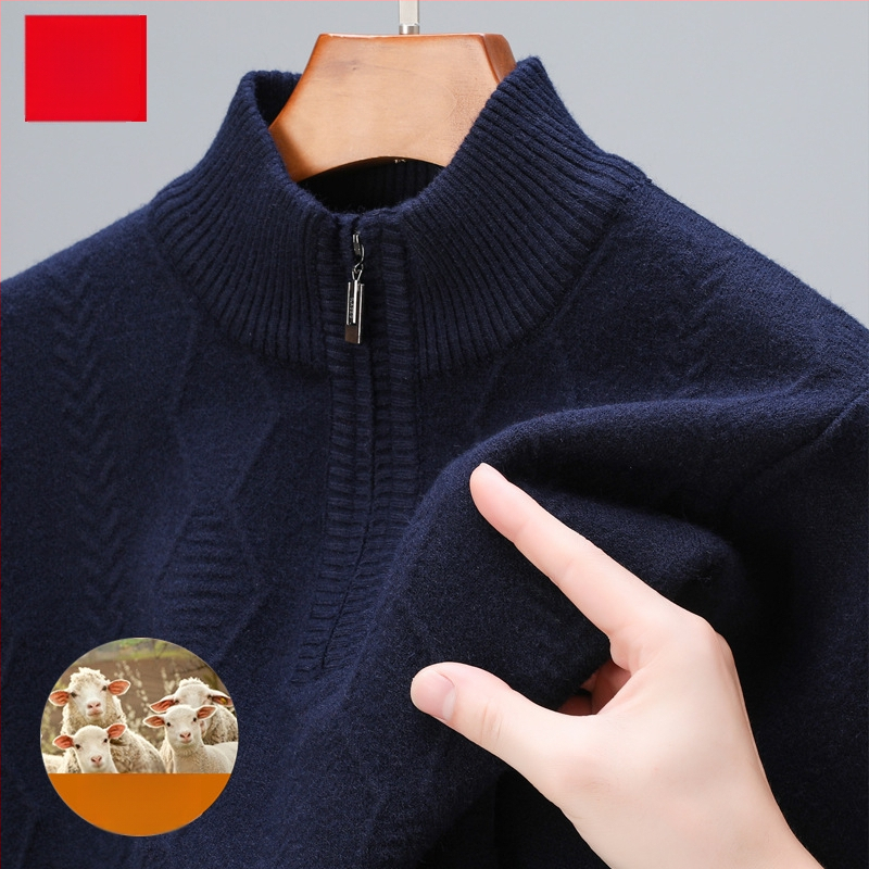 Szabadon szabott gyapjú pulóver féloldalas cipzárral, vastag jacquard kötés, középkorú férfiak számára