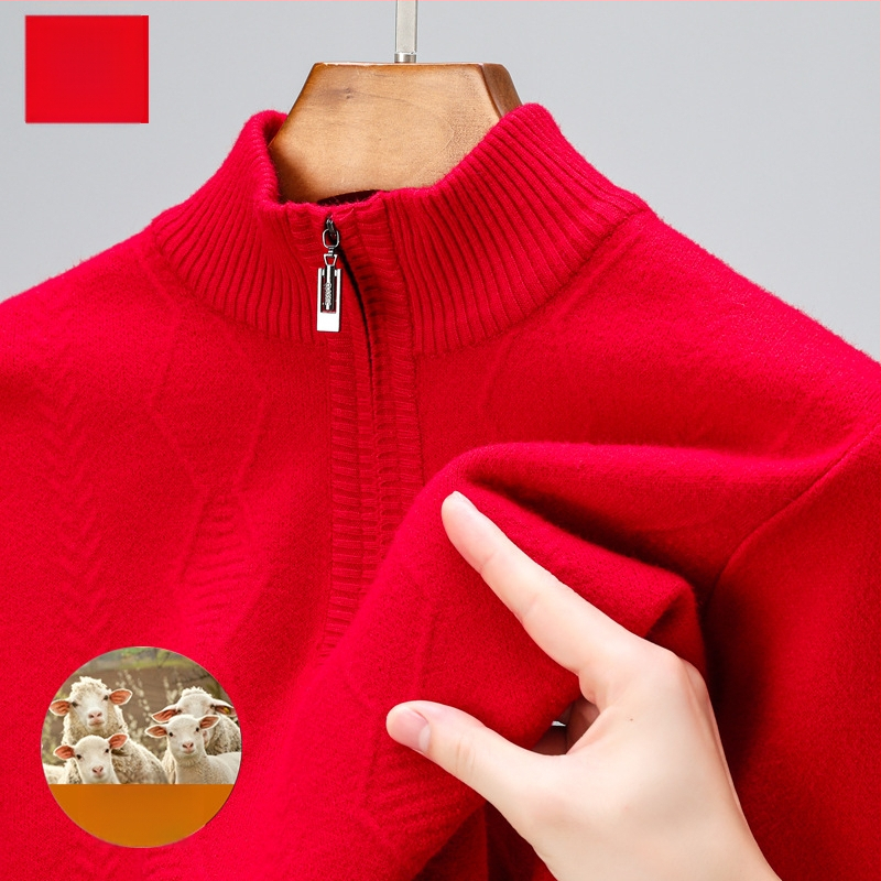 Szabadon szabott gyapjú pulóver féloldalas cipzárral, vastag jacquard kötés, középkorú férfiak számára