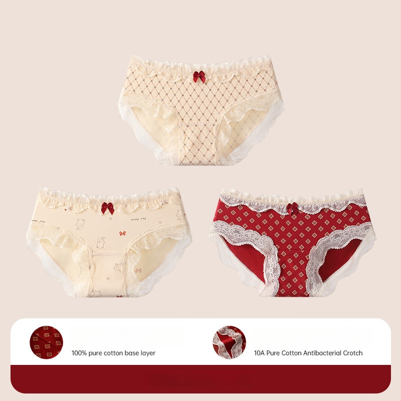 Bavlnené čipkové trojuholníkové nohavičky pre tínedžerky – antibakteriálne, 95–100% bavlna, stredná výška pásu, kvetinový vzor, rok zverokruhu kôň