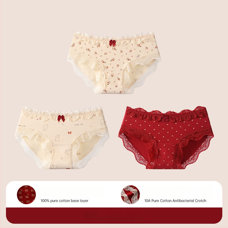 Bavlnené čipkové trojuholníkové nohavičky pre tínedžerky – antibakteriálne, 95–100% bavlna, stredná výška pásu, kvetinový vzor, rok zverokruhu kôň