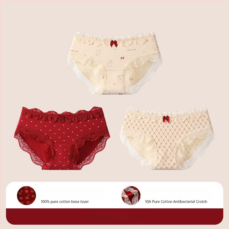 Bavlnené čipkové trojuholníkové nohavičky pre tínedžerky – antibakteriálne, 95–100% bavlna, stredná výška pásu, kvetinový vzor, rok zverokruhu kôň