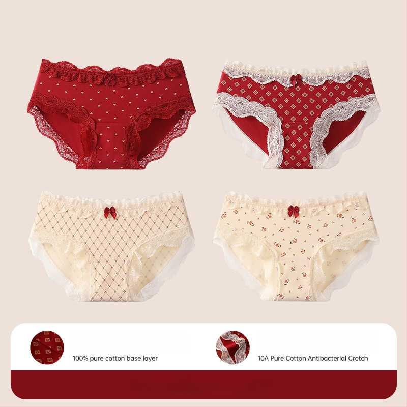 Bavlnené čipkové trojuholníkové nohavičky pre tínedžerky – antibakteriálne, 95–100% bavlna, stredná výška pásu, kvetinový vzor, rok zverokruhu kôň