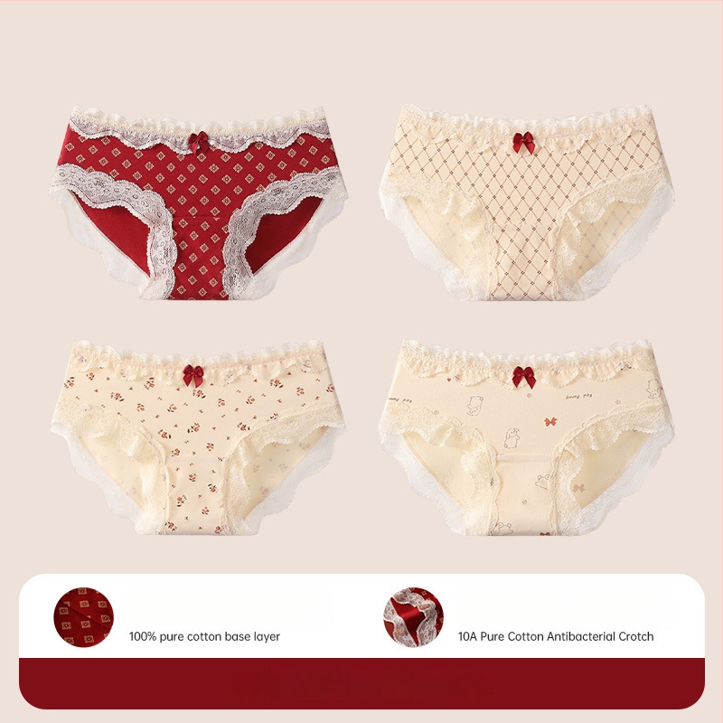 Bavlnené čipkové trojuholníkové nohavičky pre tínedžerky – antibakteriálne, 95–100% bavlna, stredná výška pásu, kvetinový vzor, rok zverokruhu kôň