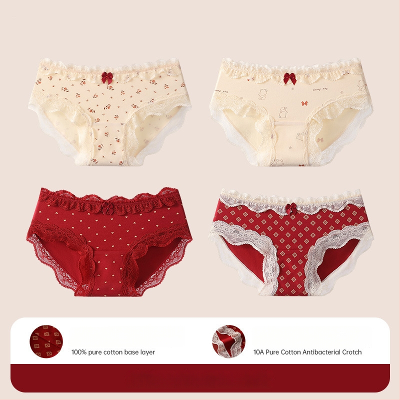 Bavlnené čipkové trojuholníkové nohavičky pre tínedžerky – antibakteriálne, 95–100% bavlna, stredná výška pásu, kvetinový vzor, rok zverokruhu kôň