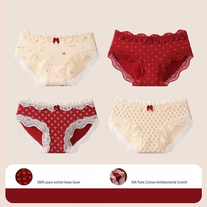 Bavlnené čipkové trojuholníkové nohavičky pre tínedžerky – antibakteriálne, 95–100% bavlna, stredná výška pásu, kvetinový vzor, rok zverokruhu kôň