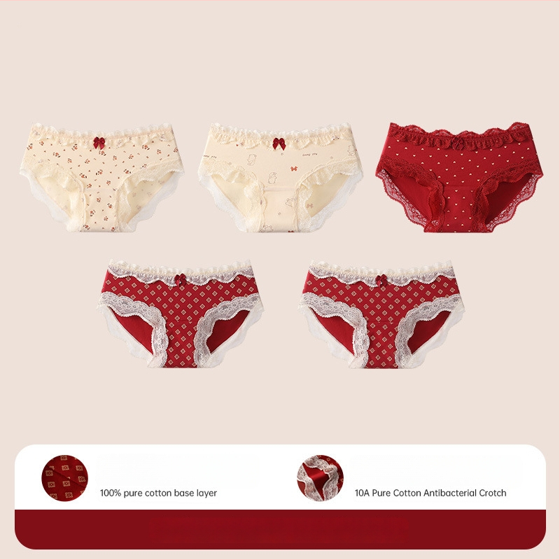 Bavlnené čipkové trojuholníkové nohavičky pre tínedžerky – antibakteriálne, 95–100% bavlna, stredná výška pásu, kvetinový vzor, rok zverokruhu kôň