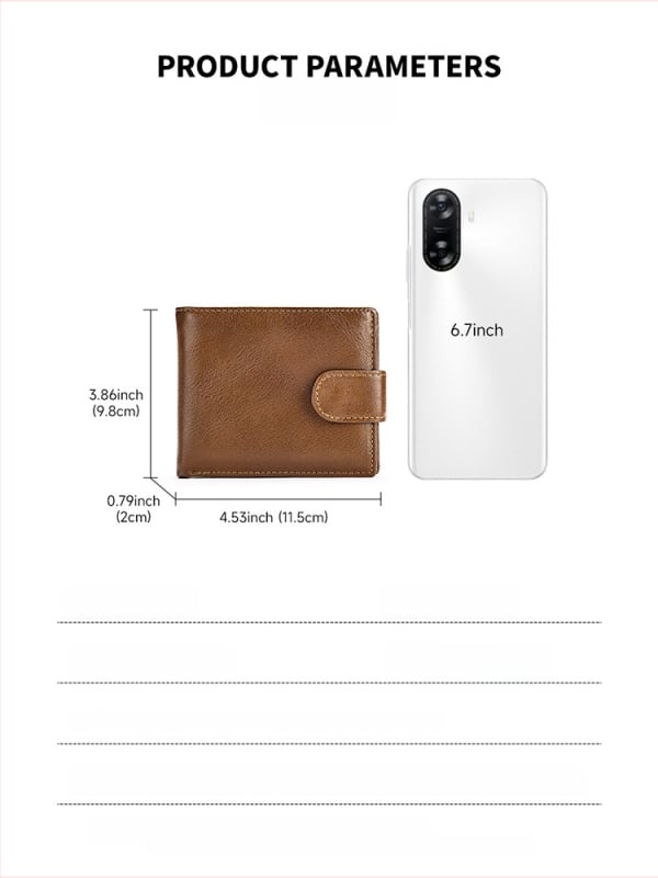 Valódi bőr férfi rövid pénztárca, két rétegből álló marhabőr, 2 hajtás, egyszínű mintázat, bélés poliészter-pamut, kopásálló és bővíthető