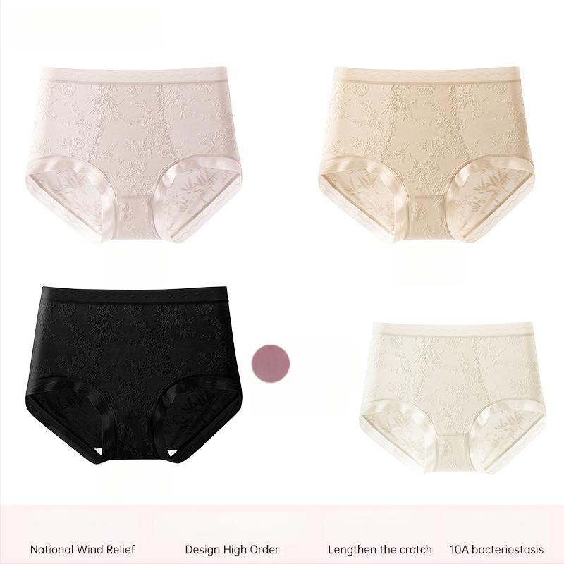 Ženské krajkové nohavičky s vysokým pásom, priedušné a antibakteriálne; hlavný materiál 80–90% nylon; podšívka 90–95% viskóza; vzor: rozbité kvety