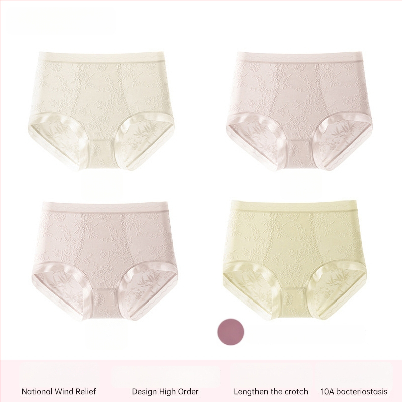 Ženské krajkové nohavičky s vysokým pásom, priedušné a antibakteriálne; hlavný materiál 80–90% nylon; podšívka 90–95% viskóza; vzor: rozbité kvety