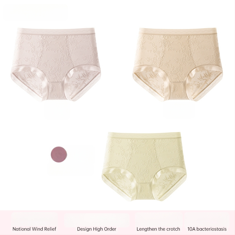 Ženské krajkové nohavičky s vysokým pásom, priedušné a antibakteriálne; hlavný materiál 80–90% nylon; podšívka 90–95% viskóza; vzor: rozbité kvety