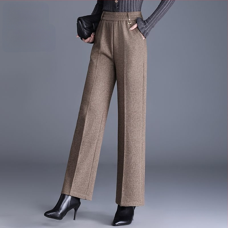 Pantaloni de damă drepți pentru toamnă-iarnă, talie înaltă, cu buzunare, țesătură țesută cu 70–80% lână, finisaj mercerizat.