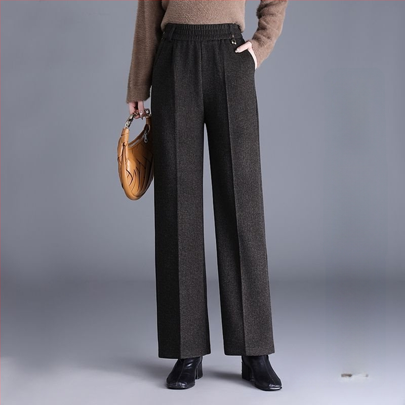 Pantaloni de damă drepți pentru toamnă-iarnă, talie înaltă, cu buzunare, țesătură țesută cu 70–80% lână, finisaj mercerizat.