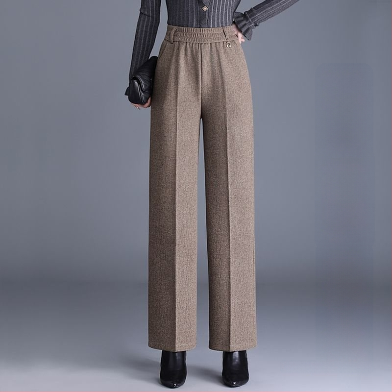 Pantaloni de damă drepți pentru toamnă-iarnă, talie înaltă, cu buzunare, țesătură țesută cu 70–80% lână, finisaj mercerizat.