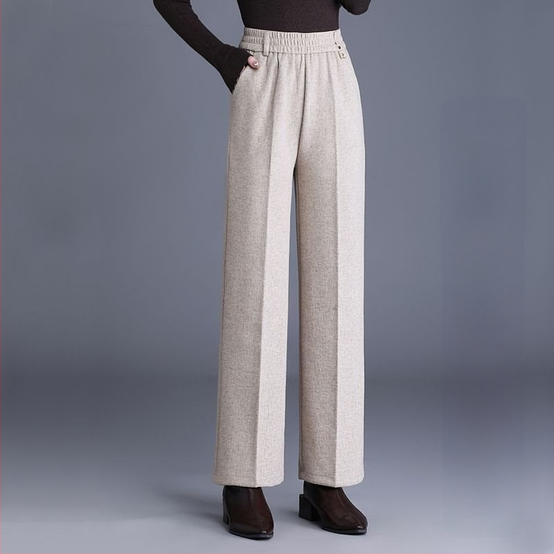 Pantaloni de damă drepți pentru toamnă-iarnă, talie înaltă, cu buzunare, țesătură țesută cu 70–80% lână, finisaj mercerizat.