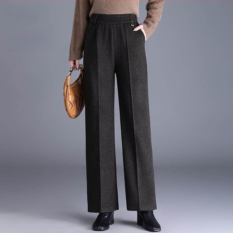 Pantaloni de damă drepți pentru toamnă-iarnă, talie înaltă, cu buzunare, țesătură țesută cu 70–80% lână, finisaj mercerizat.