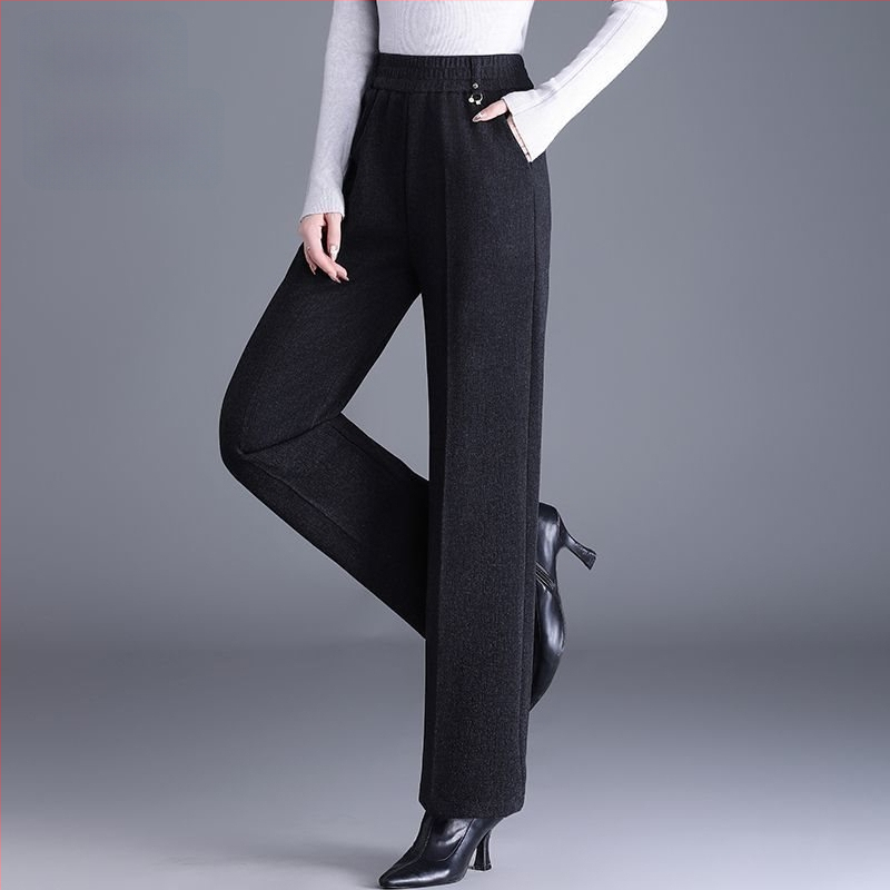 Pantaloni de damă drepți pentru toamnă-iarnă, talie înaltă, cu buzunare, țesătură țesută cu 70–80% lână, finisaj mercerizat.