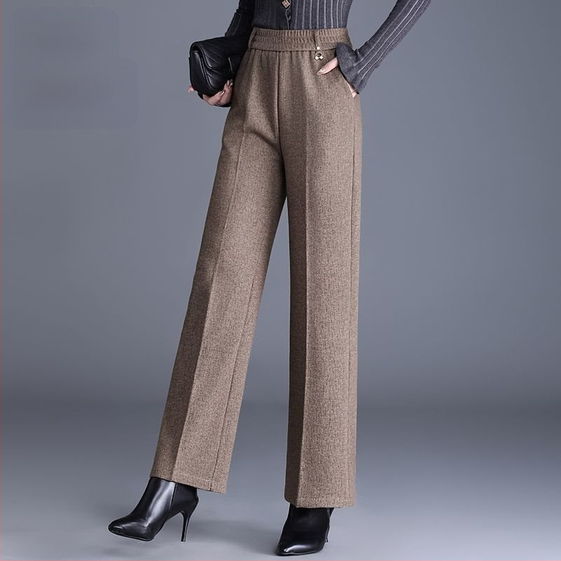 Pantaloni de damă drepți pentru toamnă-iarnă, talie înaltă, cu buzunare, țesătură țesută cu 70–80% lână, finisaj mercerizat.