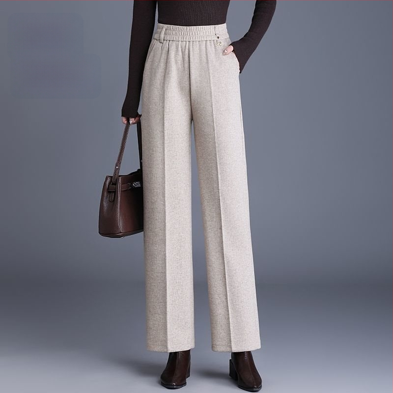 Pantaloni de damă drepți pentru toamnă-iarnă, talie înaltă, cu buzunare, țesătură țesută cu 70–80% lână, finisaj mercerizat.