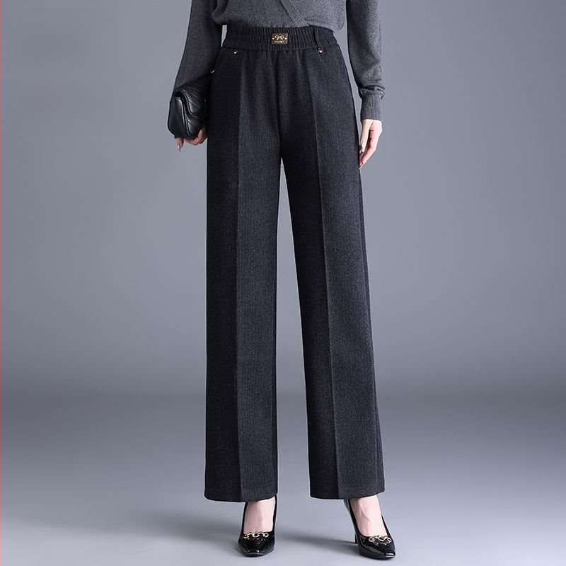 Pantaloni de damă drepți pentru toamnă-iarnă, talie înaltă, cu buzunare, țesătură țesută cu 70–80% lână, finisaj mercerizat.