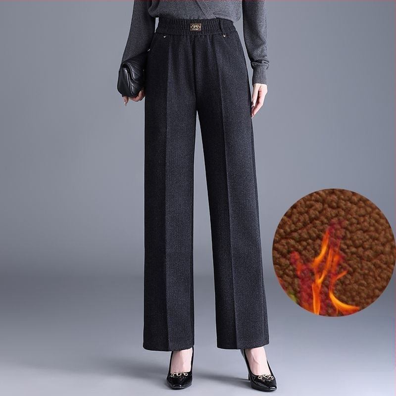 Pantaloni de damă drepți pentru toamnă-iarnă, talie înaltă, cu buzunare, țesătură țesută cu 70–80% lână, finisaj mercerizat.