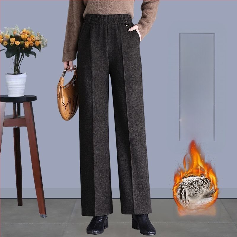 Pantaloni de damă drepți pentru toamnă-iarnă, talie înaltă, cu buzunare, țesătură țesută cu 70–80% lână, finisaj mercerizat.