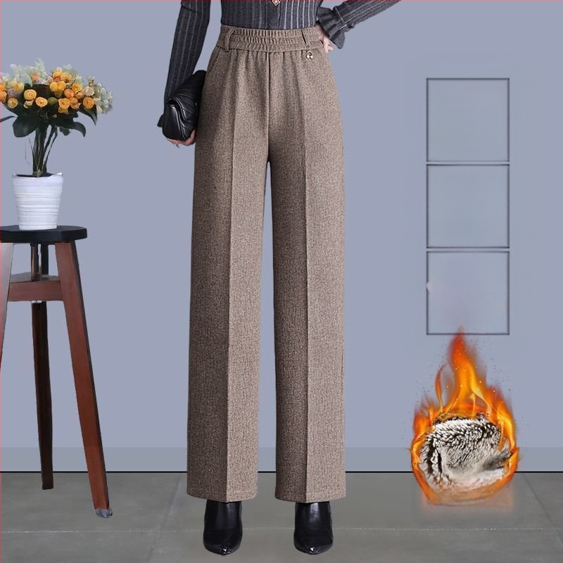 Pantaloni de damă drepți pentru toamnă-iarnă, talie înaltă, cu buzunare, țesătură țesută cu 70–80% lână, finisaj mercerizat.