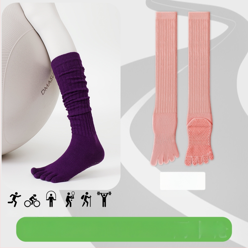 Чорапи за йога с пет пръста, дълги до прасеца, памук, антихлъзгащи, безшевни пръсти