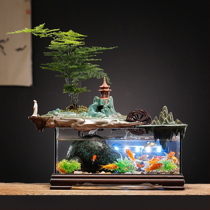 Kerámia asztali aranyhalas akvárium önkeringő szökőkúttal, kézzel készített, Új kínai stílusú, irodai dekoráció, ajándék