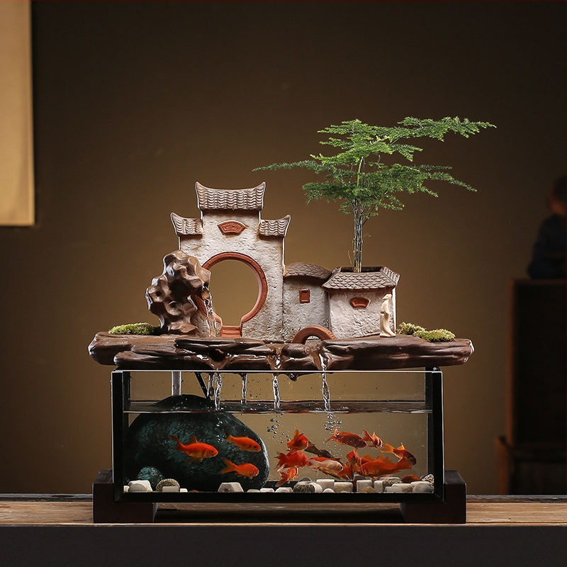 Kerámia asztali aranyhalas akvárium önkeringő szökőkúttal, kézzel készített, Új kínai stílusú, irodai dekoráció, ajándék