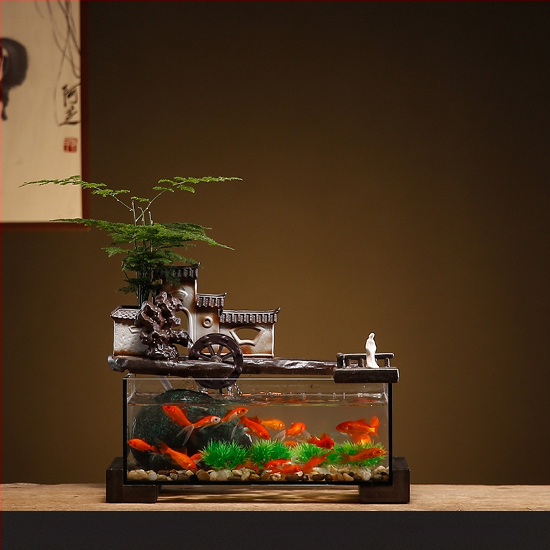 Kerámia asztali aranyhalas akvárium önkeringő szökőkúttal, kézzel készített, Új kínai stílusú, irodai dekoráció, ajándék