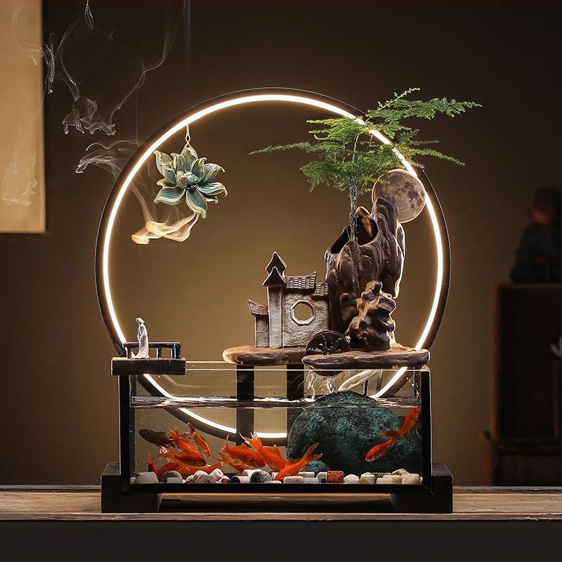 Kerámia asztali aranyhalas akvárium önkeringő szökőkúttal, kézzel készített, Új kínai stílusú, irodai dekoráció, ajándék
