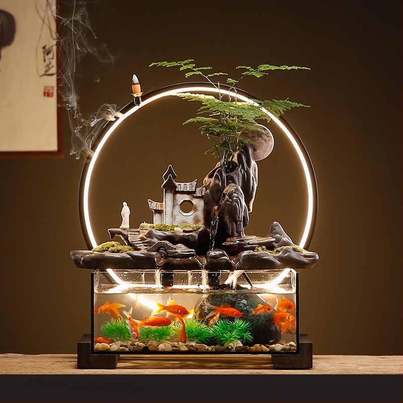 Kerámia asztali aranyhalas akvárium önkeringő szökőkúttal, kézzel készített, Új kínai stílusú, irodai dekoráció, ajándék