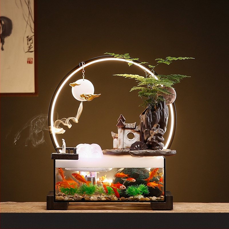 Kerámia asztali aranyhalas akvárium önkeringő szökőkúttal, kézzel készített, Új kínai stílusú, irodai dekoráció, ajándék
