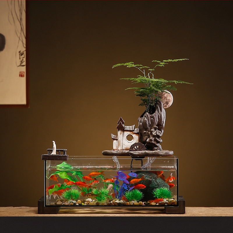 Kerámia asztali aranyhalas akvárium önkeringő szökőkúttal, kézzel készített, Új kínai stílusú, irodai dekoráció, ajándék