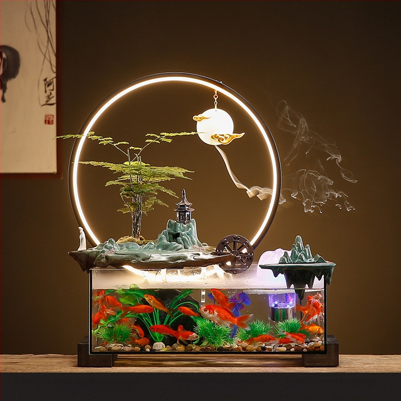 Kerámia asztali aranyhalas akvárium önkeringő szökőkúttal, kézzel készített, Új kínai stílusú, irodai dekoráció, ajándék