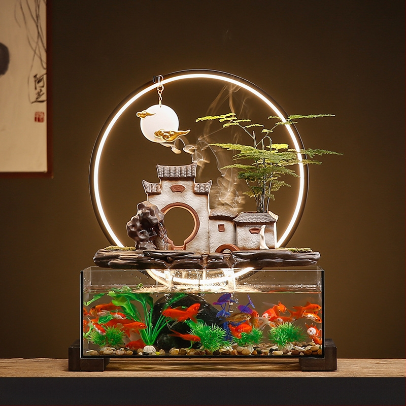 Kerámia asztali aranyhalas akvárium önkeringő szökőkúttal, kézzel készített, Új kínai stílusú, irodai dekoráció, ajándék