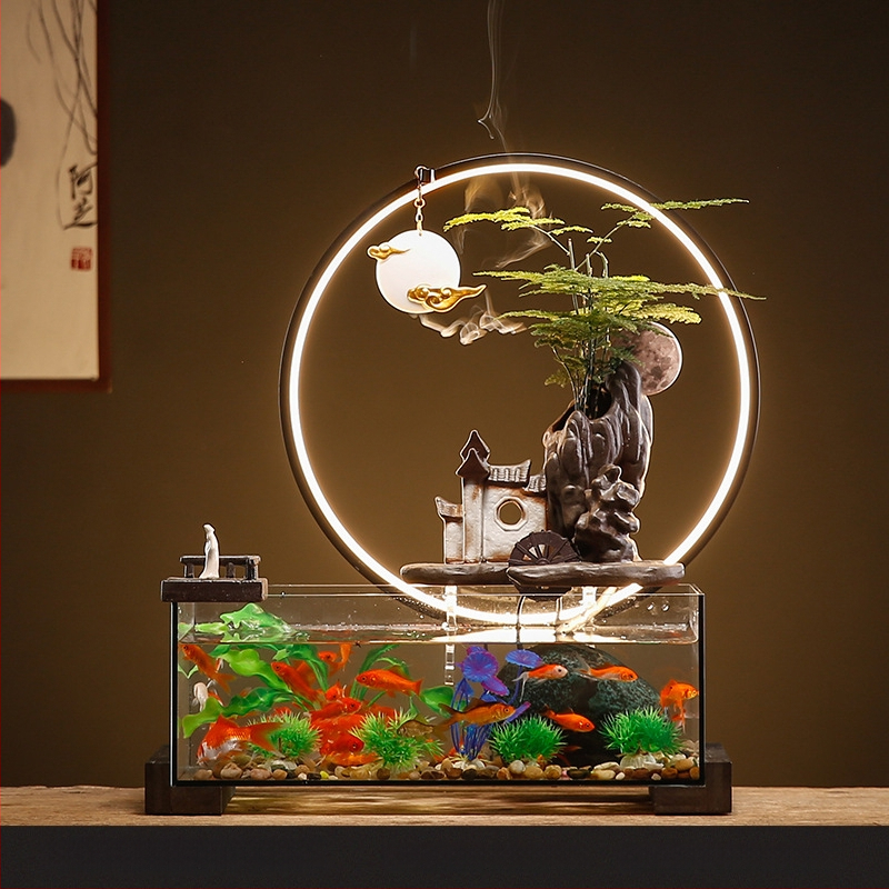 Kerámia asztali aranyhalas akvárium önkeringő szökőkúttal, kézzel készített, Új kínai stílusú, irodai dekoráció, ajándék