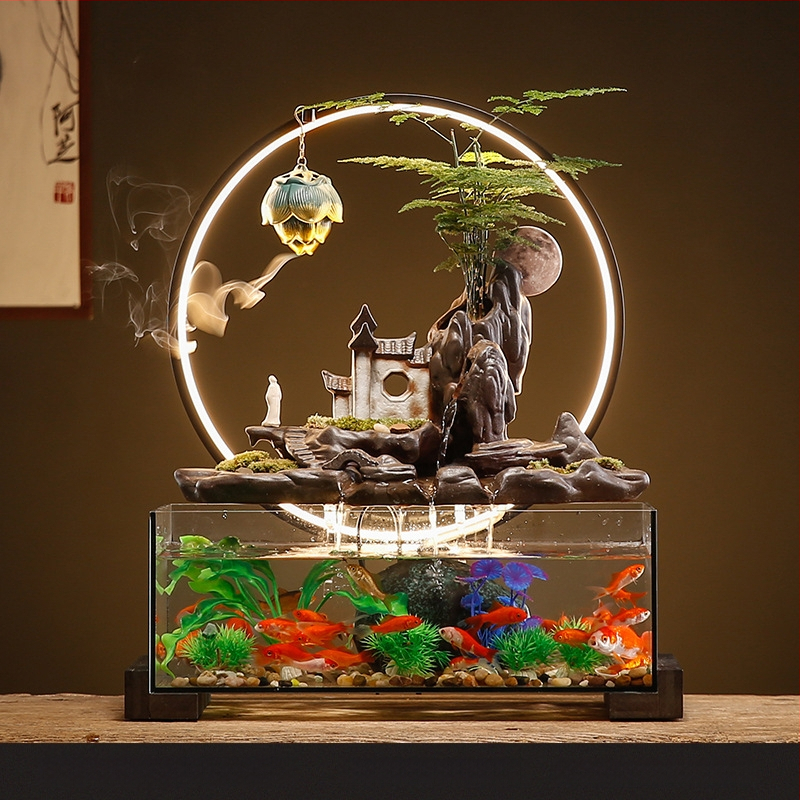 Kerámia asztali aranyhalas akvárium önkeringő szökőkúttal, kézzel készített, Új kínai stílusú, irodai dekoráció, ajándék
