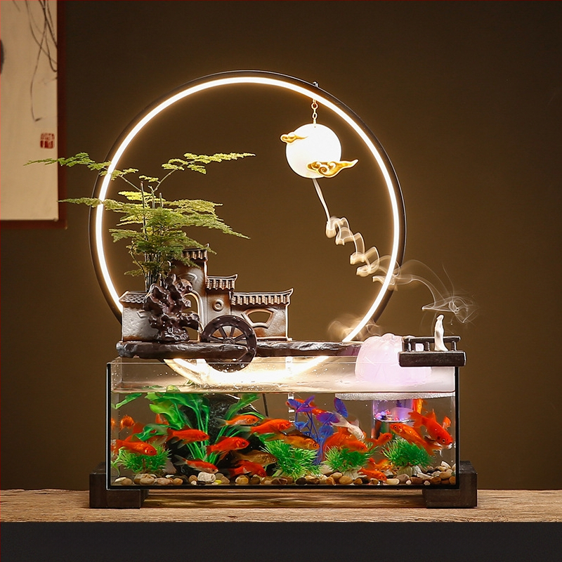 Kerámia asztali aranyhalas akvárium önkeringő szökőkúttal, kézzel készített, Új kínai stílusú, irodai dekoráció, ajándék
