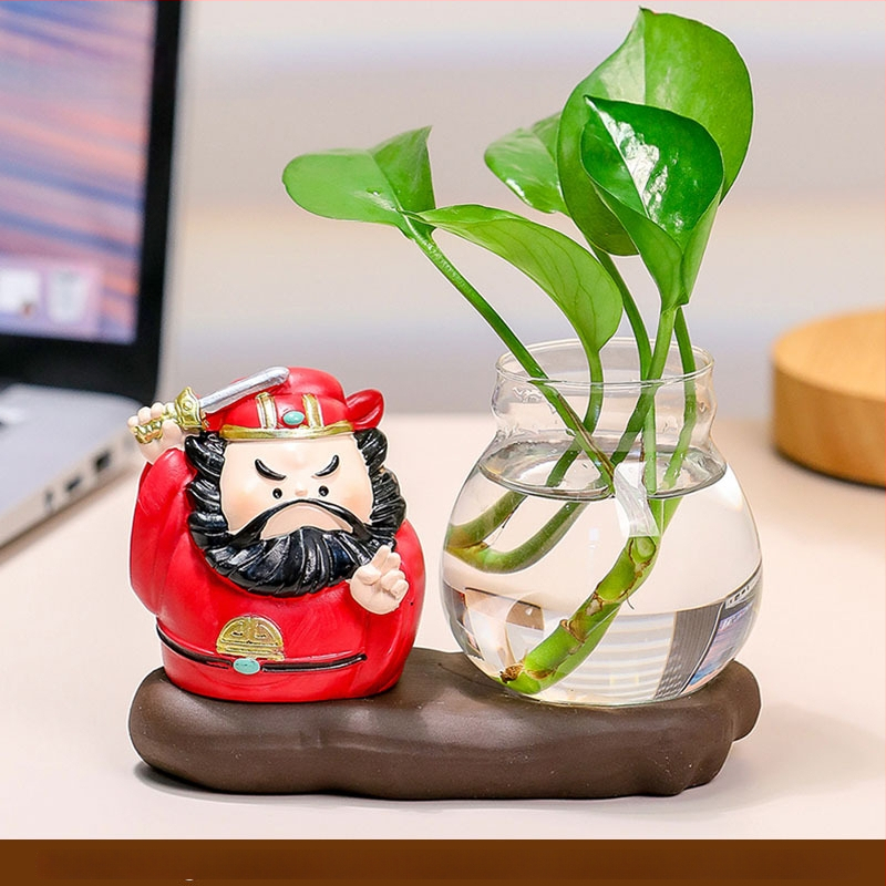 Decorațiune de birou din rășină Zhong Kui, cu vază hidroponică și cei cinci zei ai bogăției