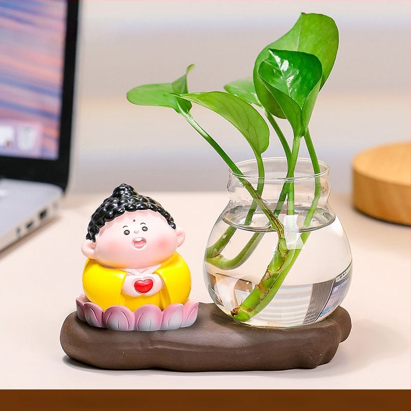 Decorațiune de birou din rășină Zhong Kui, cu vază hidroponică și cei cinci zei ai bogăției