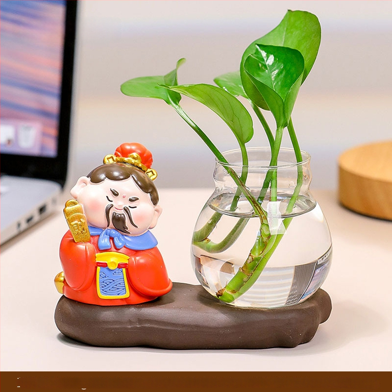 Decorațiune de birou din rășină Zhong Kui, cu vază hidroponică și cei cinci zei ai bogăției