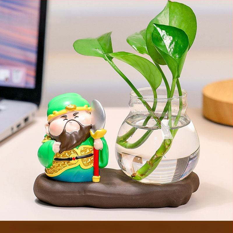 Decorațiune de birou din rășină Zhong Kui, cu vază hidroponică și cei cinci zei ai bogăției