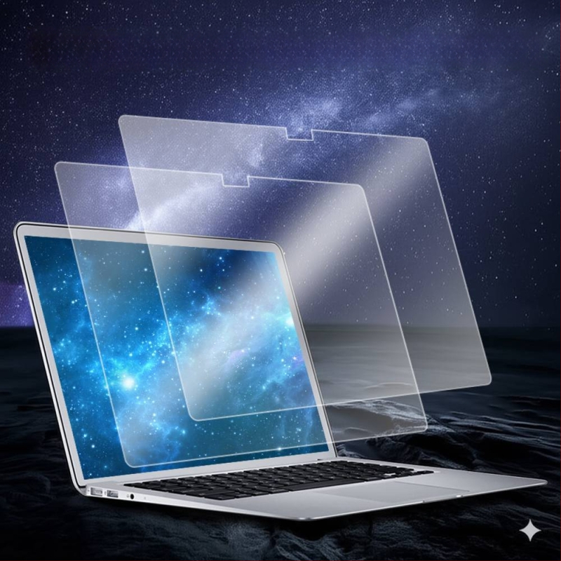 Protecție ecran temperată pentru MacBook Pro/Air — prelucrare mecanică, proces OEM, greutate ~50 g