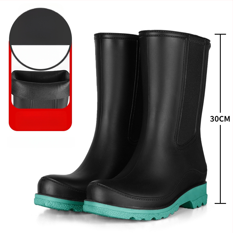 Γυναικείες μπότες βροχής PVC – χωρίς κορδόνια, μέτριο μήκος μέχρι γάμπα, αδιάβροχες, αντιολισθητικές, χαμηλό τακούνι 1–3 cm