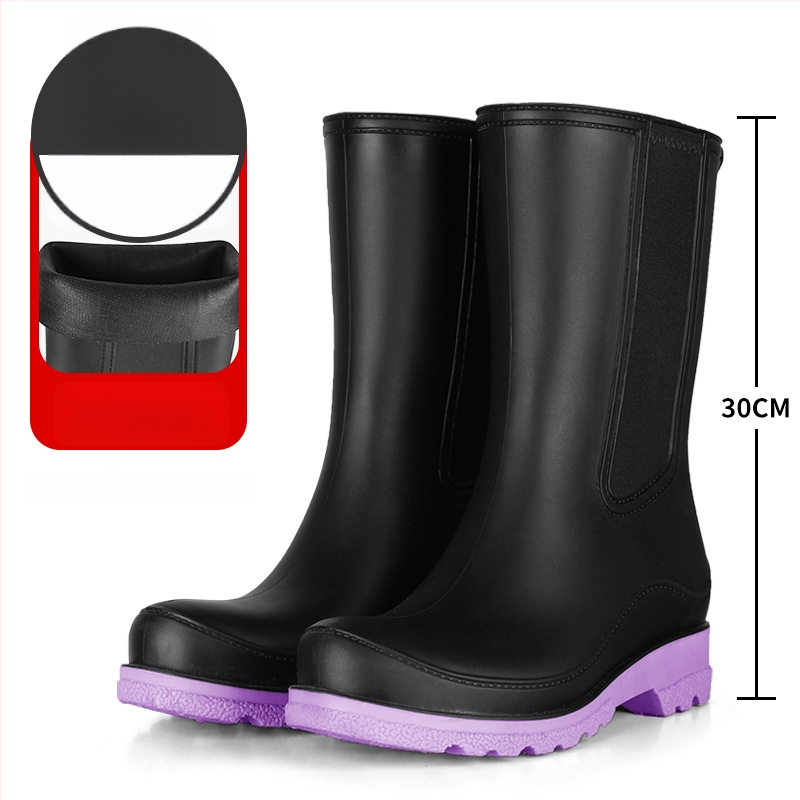 Γυναικείες μπότες βροχής PVC – χωρίς κορδόνια, μέτριο μήκος μέχρι γάμπα, αδιάβροχες, αντιολισθητικές, χαμηλό τακούνι 1–3 cm