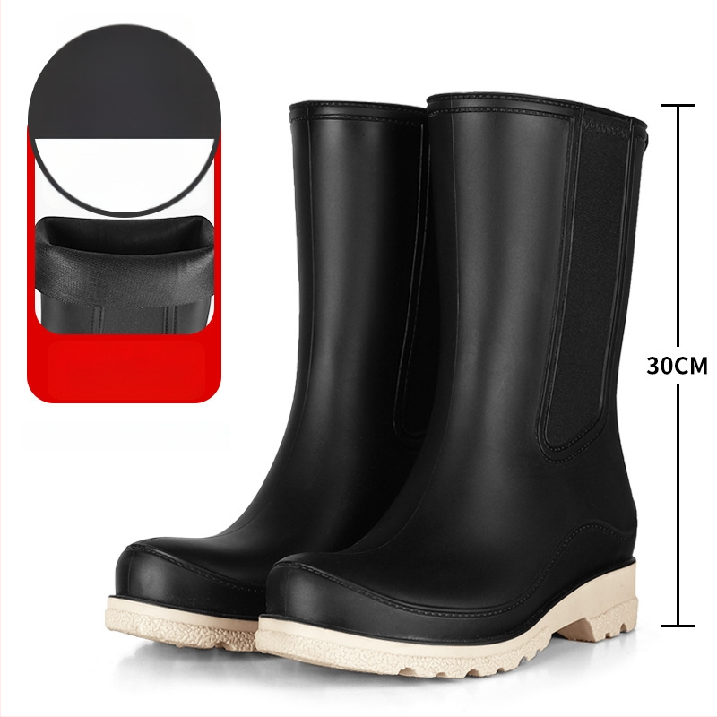 Γυναικείες μπότες βροχής PVC – χωρίς κορδόνια, μέτριο μήκος μέχρι γάμπα, αδιάβροχες, αντιολισθητικές, χαμηλό τακούνι 1–3 cm